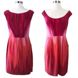 BETH BOWLEY Ombre Silk Dress Sheath Red Boat Neck Short Sleeves Pockets 8 NWT